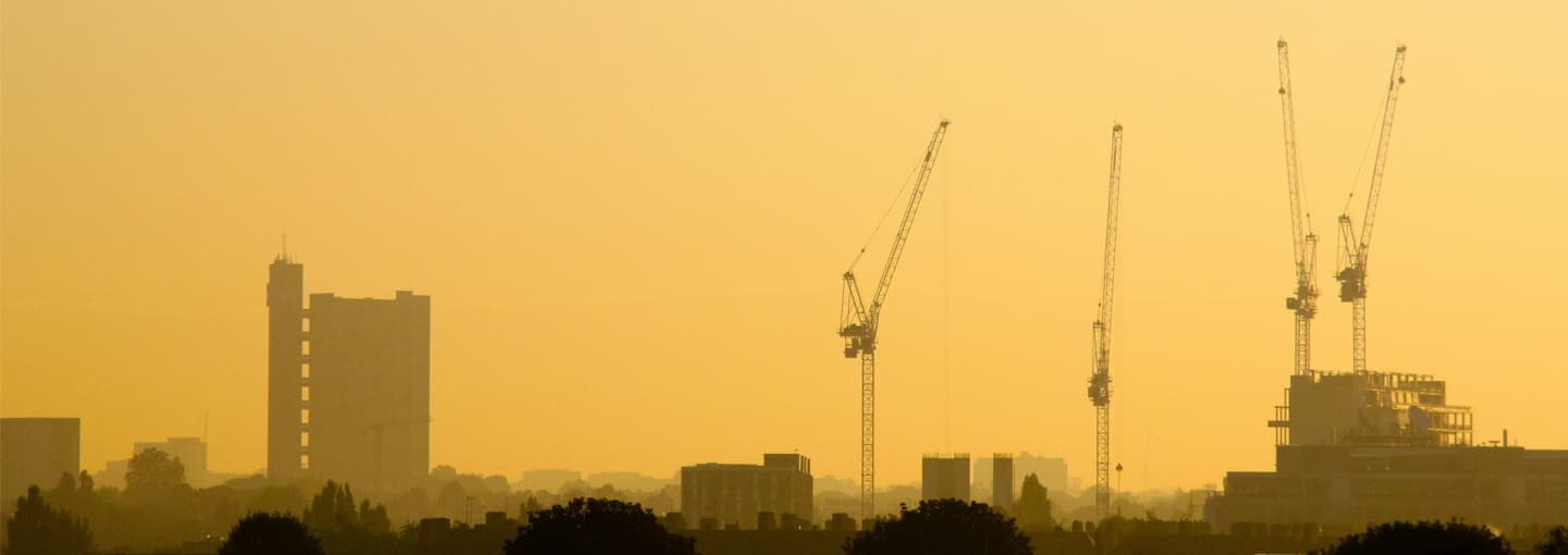 Cityscape at dusk.
