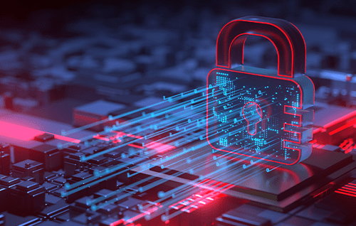 A padlock on a computer chip.