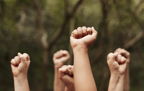 Fists raised protesting against greenwashing.
