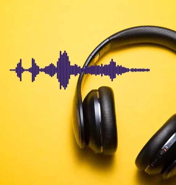Black headphones on yellow background with sound wave. 