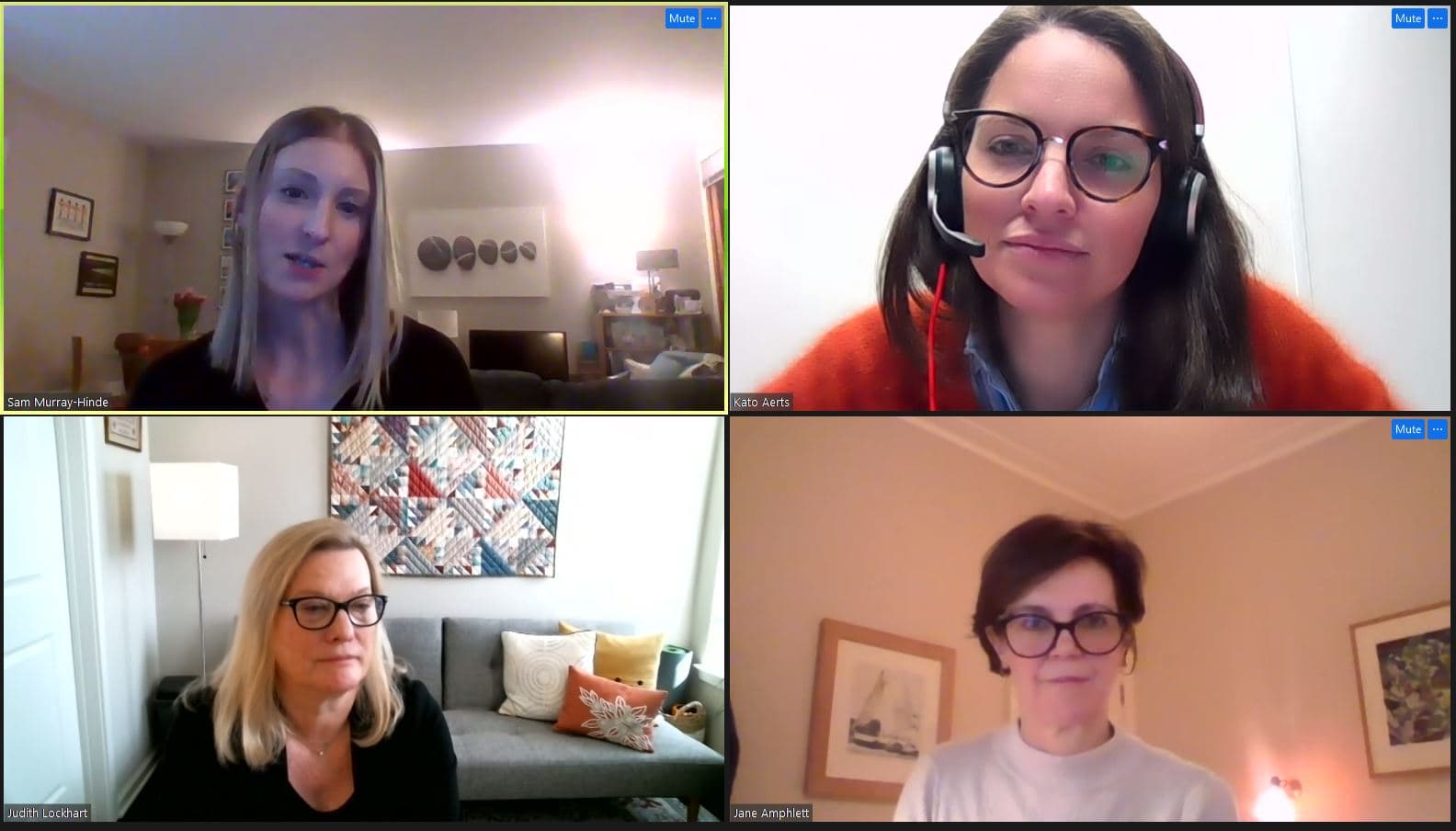 Zoom call with four people on screen